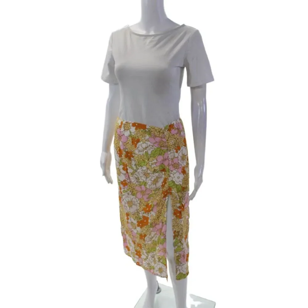 Rahi Womens Back Zip Floral Front Slit Midi Skirt White Multi Size Small